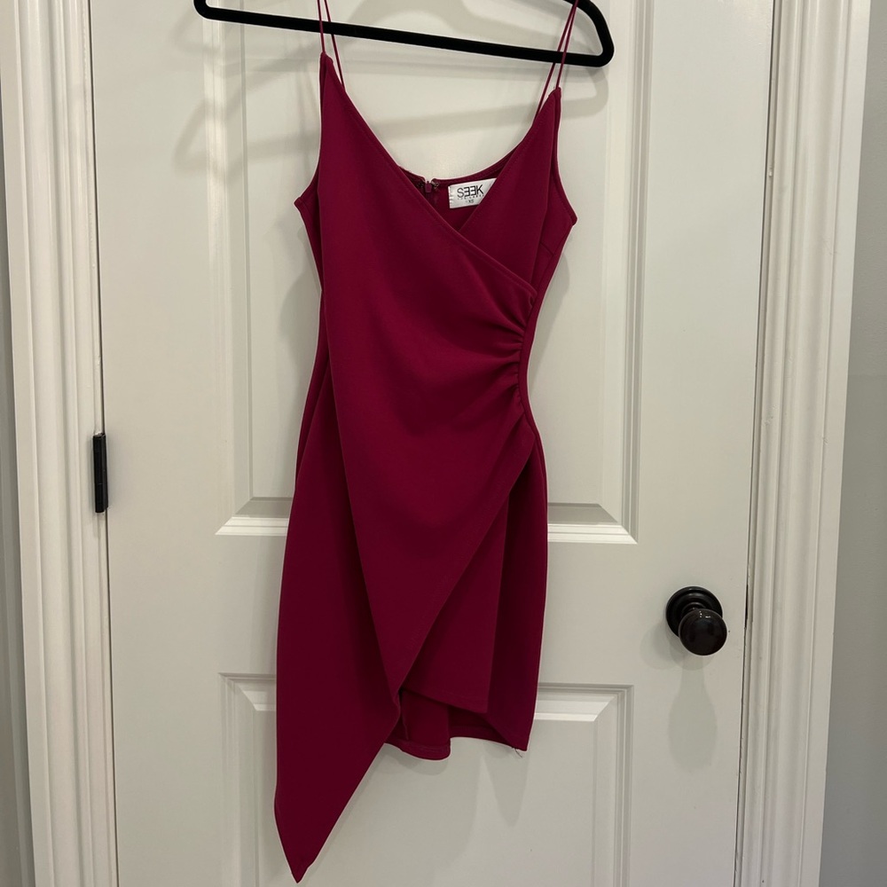 Red Ruched Asymmetrical Slip Dress